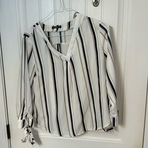 Navy, tan, and white striped business casual top. Size L
